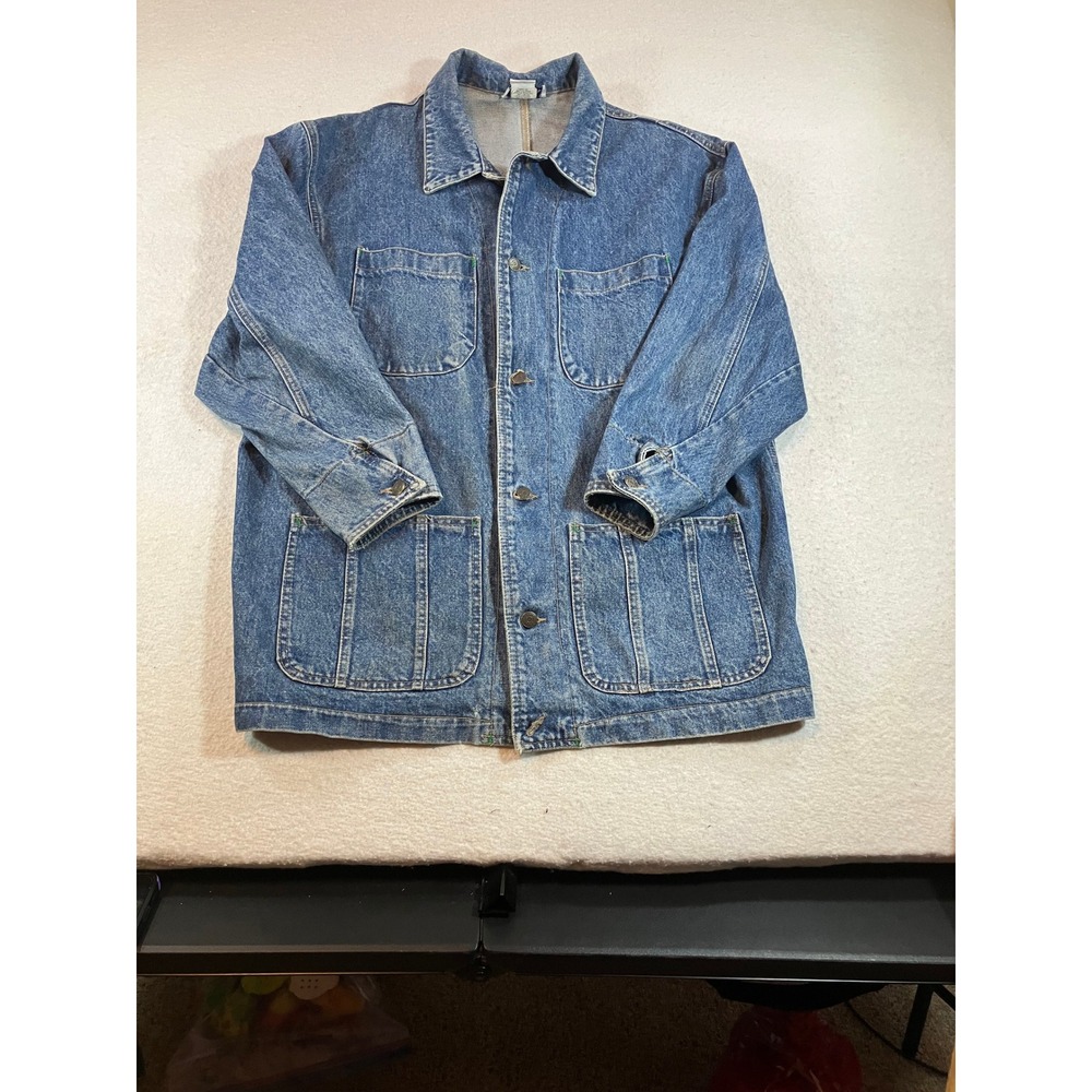 Zena Denim Jacket Womens Large Blue Heavy Weight 3/4 Length Button Front Coat